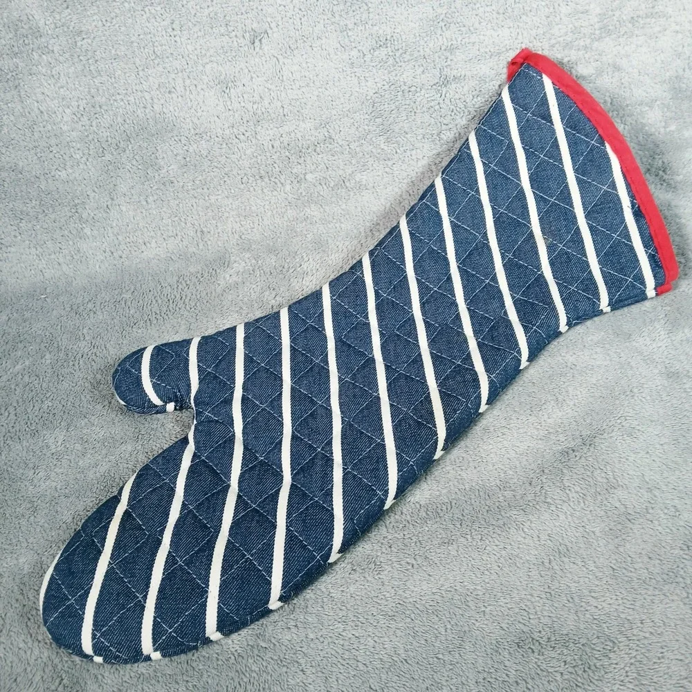 Now Designs Oven Mitt Quilted Blue White Stripe Red Trim Cotton Made in USA 17in